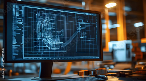 A close-up, realistic image of a construction CAD drawing on a large monitor, with various tools and construction elements visible on the screen. The image highlights the precision of the
