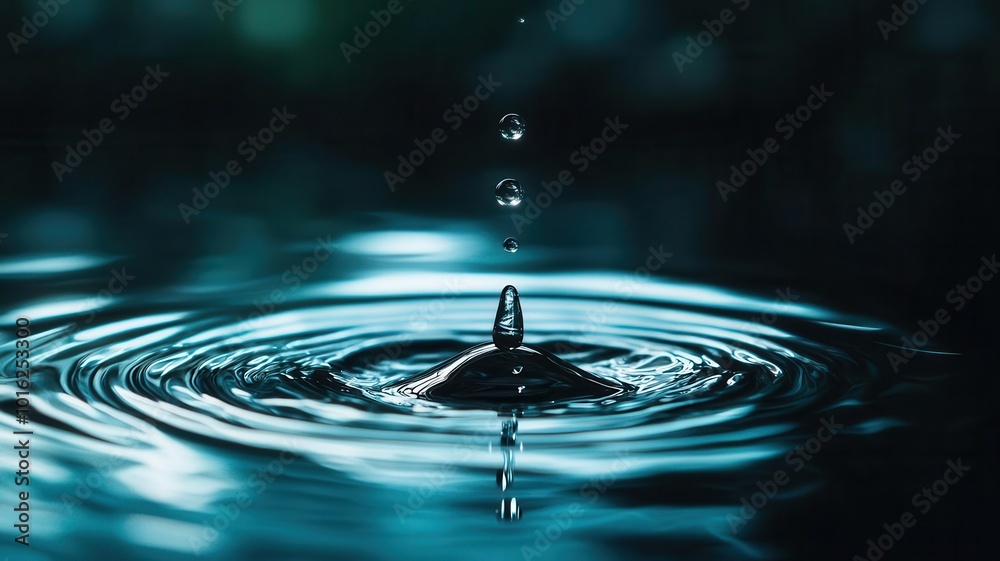 Water droplets creating ripples in a calm pond, symbolizing the subtle but powerful influence of water, ripple effect, calm power