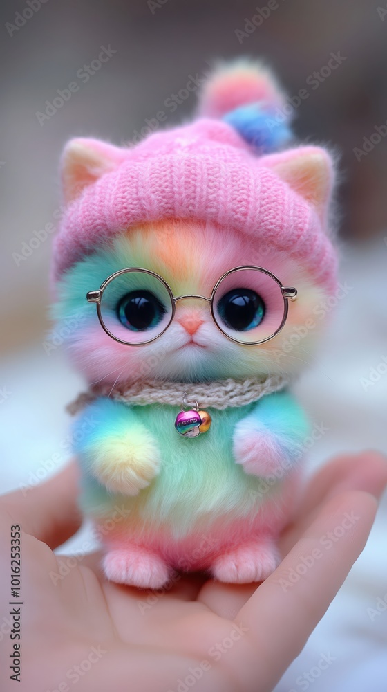Fototapeta premium A vibrant plush toy cat wearing glasses and a knitted pink hat in a person's hand.