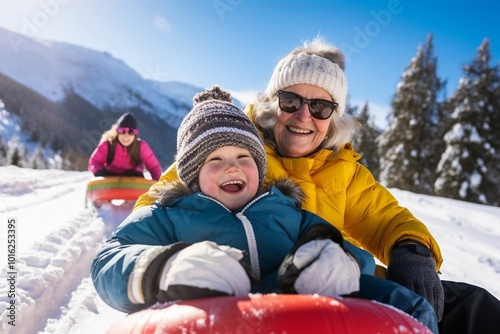 A stunning high-resolution photograph of grandparents and their granddaughters enjoying a snowy mountain tubing ride. The photograph conveys the joy of this exciting snow adventure. Hobbies