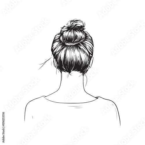 Hand-drawn girl with messy hairstyle - hair bun. Mom lifestyle clip art for prints