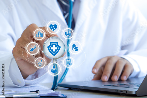 Health Insurance, Medical technology, online health network concept. Doctor holding stethoscope with Health and medical icon, healthcare, Telemedicine, hospital and medicine. photo