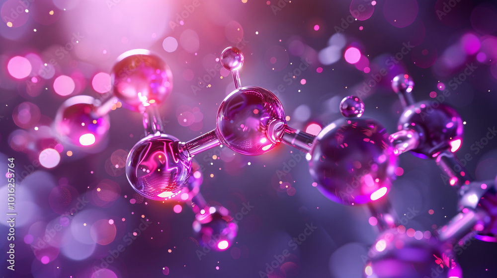 A vector illustration of a molecule with a shiny, purple droplet and light-reflecting effects, symbolizing advanced cosmetic technology and skincare A vector illustration of a molecule with a shiny, purple droplet and light-reflecting effects, symbolizing advanced cosmetic technology and skincare