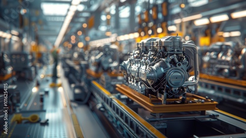 A close-up of a car engine on a production line in a factory