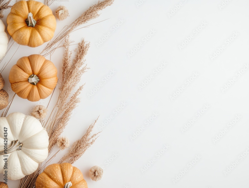 Autumn flat lay of small decorative pumpkins and dried grass with empty mockup space Autumn flat lay of small decorative pumpkins and dried grass with empty mockup space