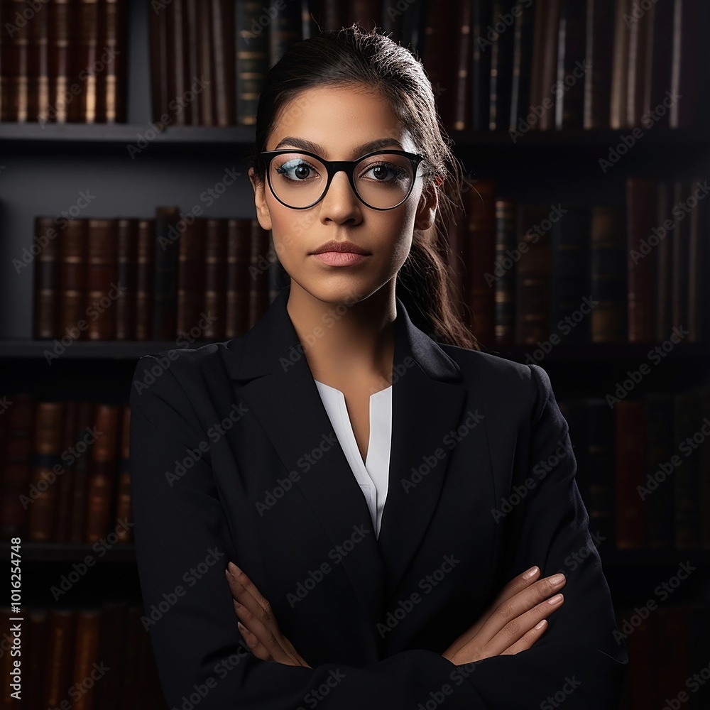Portrait of a young female lawyer smiling and happy at her workplace in the office. Lawyer technologist and professional face, female lawyer and legal consultant in a law firm.