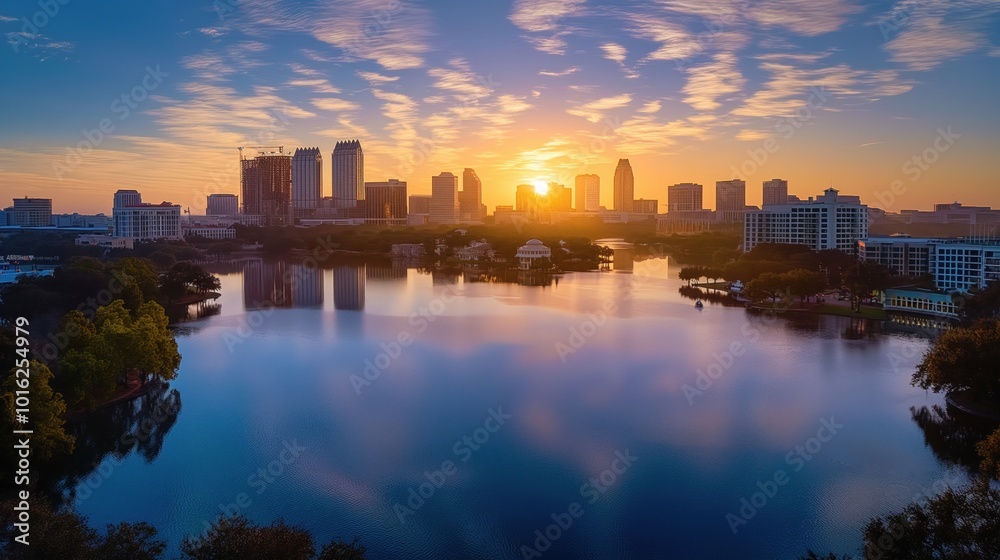 Obraz premium Panoramic view of Tampa city with modern, old buildings. Sun sets over city, casting warm glow over landscape. Tampa International Airport, waterfront visible in background. Water reflects sky,