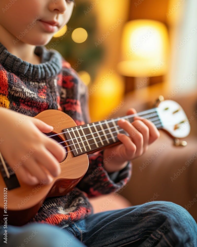 Fototapeta premium Young Person Playing Ukulele at Home
