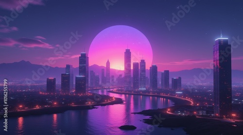 City of a future against purple sunset sky with clouds. Futuristic building with bright neon lights. Wallpaper in a style of cyberpunk.