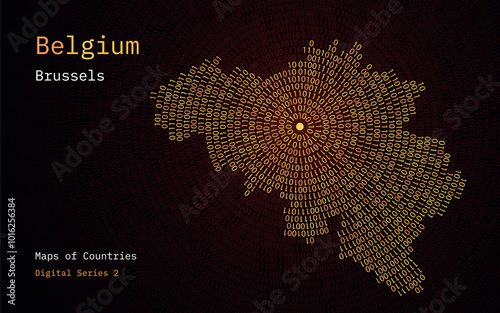 A map of Belgium depicted in zeros and ones in the form of a circle. The capital, City of Brussels, is shown in the center of the circle photo