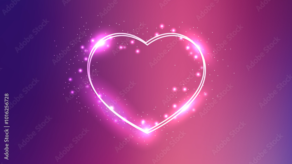 Neon double frame in heart form with shining effects and sparkles