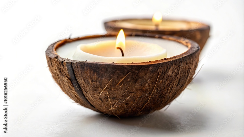Handmade soy wax candle in coconut shell on white background with shallow depth of field Handmade soy wax candle in coconut shell on white background with shallow depth of field