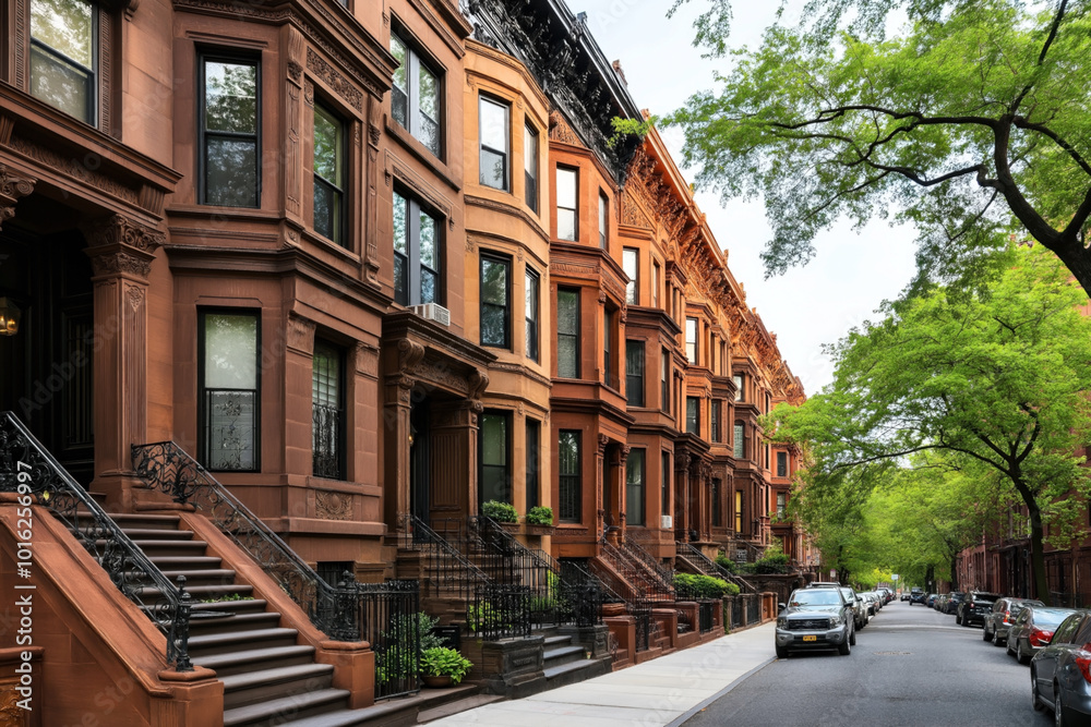 Naklejka premium A row of classic brownstone townhouses with distinctive architectural features, iron railings, and front stoops line a tree-shaded residential street with parked cars.