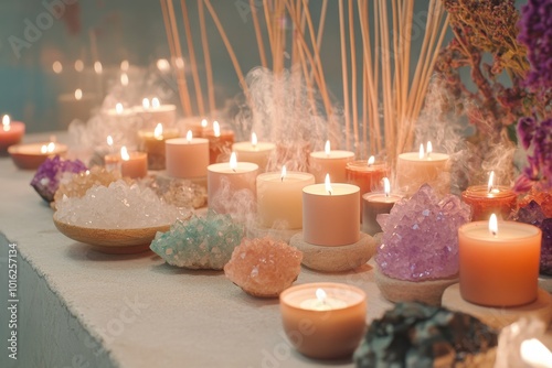 An inviting space showcasing an array of soothing candles in various sizes, surrounded by delicate herbal incense sticks releasing fragrant plumes of smoke. Natural crystals, each with unique colors