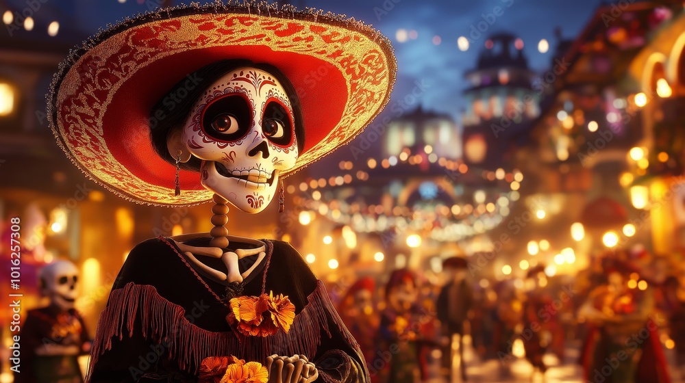 A colorful celebration during the Day of the Dead with a decorated skeleton wearing a sombrero in a lively Mexican town at night A colorful celebration during the Day of the Dead with a decorated skeleton wearing a sombrero in a lively Mexican town at night