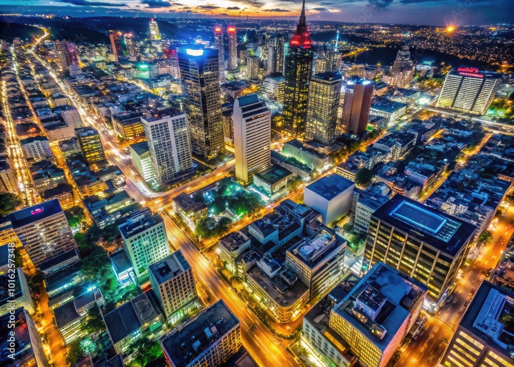 Obraz premium Aerial Night Cityscape Photography - Illuminated Streets and Buildings in Urban Landscape