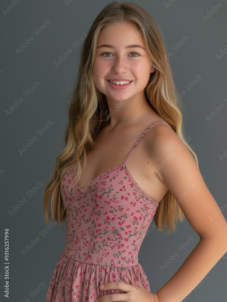 Girl in a pink dress is smiling for the camera. The dress is floral and has a flowy, feminine feel to it. The girl's smile and the dress's design create a warm, friendly, and approachable mood Girl in a pink dress is smiling for the camera. The dress is floral and has a flowy, feminine feel to it. The girl's smile and the dress's design create a warm, friendly, and approachable mood