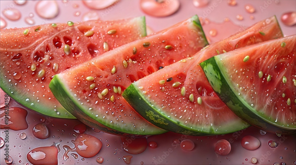 Fresh Sliced Watermelon with Juicy Seeds and Water Droplets on a Pink Surface Fresh Sliced Watermelon with Juicy Seeds and Water Droplets on a Pink Surface