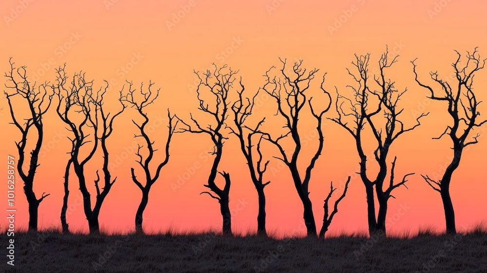 Un grupo de árboles secos se destaca en el horizonte durante un atardecer anaranjado. La imagen minimalista resalta la belleza natural en un ambiente solitario y tranquilo.
Un grupo de árboles secos se destaca en el horizonte durante un atardecer anaranjado. La imagen minimalista resalta la belleza natural en un ambiente solitario y tranquilo.