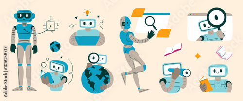 Artificial Intelligence Exploration Set. A collection of illustrations showcasing robots and artificial intelligence in action, exploring knowledge, data, and technology