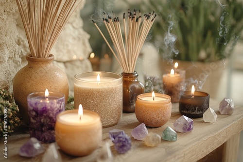 An inviting space showcasing an array of soothing candles in various sizes, surrounded by delicate herbal incense sticks releasing fragrant plumes of smoke. Natural crystals, each with unique colors