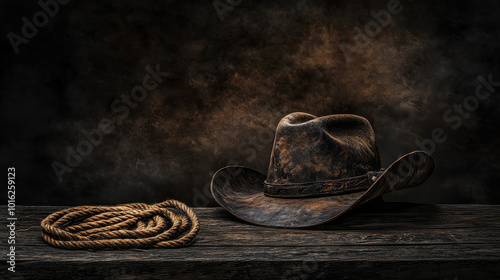 A close-up view of a cowboy hat and rope on a dark wooden table, embodying the rugged essence of Western culture with a focus on texture and history.