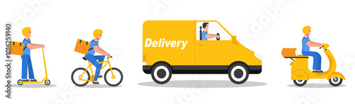 Delivery concept with courier on motorbike, scooter, bike and van in a flat design