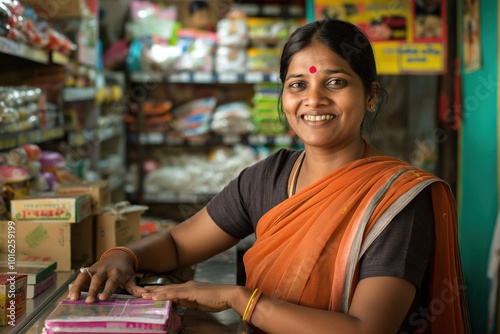 Indian woman in saree sitting at cash counter of grocery store. Smiling, looking happy. Woman surrounded by various items, bags of chips, boxes of cereal. Store shelf filled with products, shampoo, photo