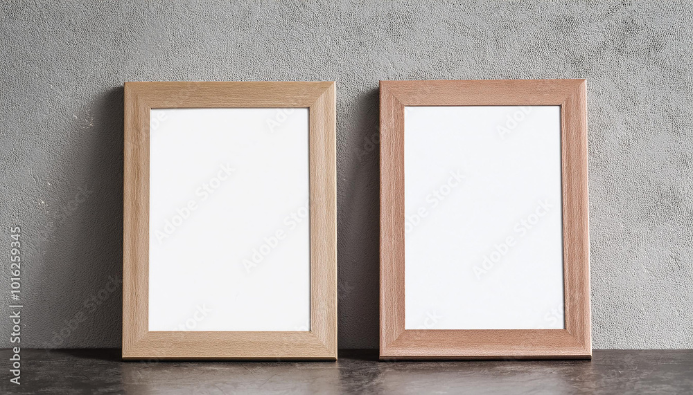 Fototapeta premium Two empty white picture frames with wooden frame leaning on cement wall. Blank poster. Mock-up