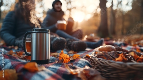Una taza de bebida caliente sobre una manta a cuadros destaca en el primer plano, mientras una pareja sentada en el fondo disfruta de un picnic en un día de otoño. Las hojas caídas y el ambiente cálid