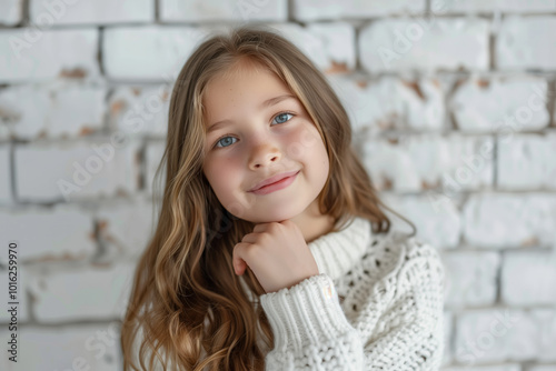 Young girl with long brown hair is smiling and wearing a white sweater. She is standing in front of a brick wall