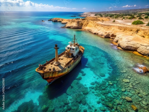 Aerial View of Edro III Shipwreck in Cyprus â€“ Minimalist Photography of Coastal Beauty photo