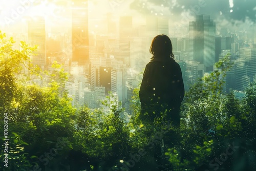 conceptual image depicting a person contemplating sustainable living surrounded by greenery and urban elements symbolizing the pursuit of ecofriendliness and reducing carbon footprint photo