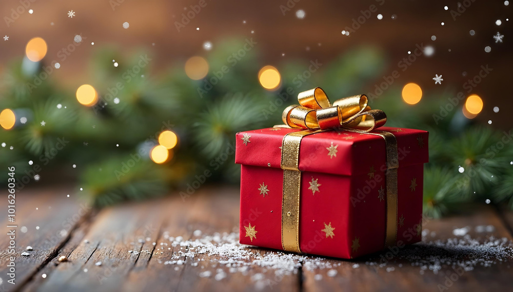 gift box placed on a wooden table with mistletoe and Christmas lights gift box placed on a wooden table with mistletoe and Christmas lights