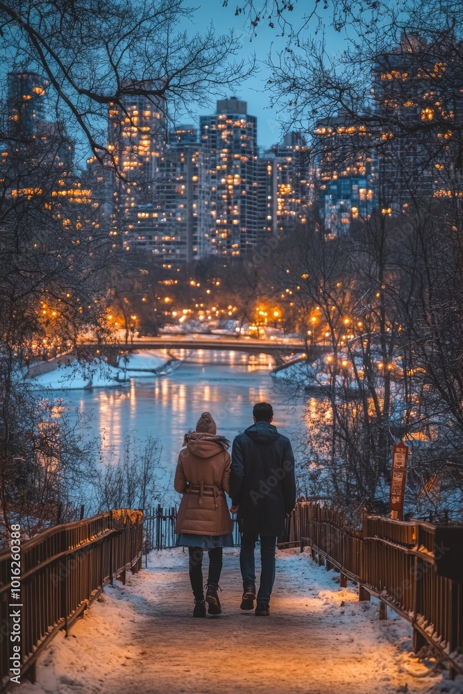 Una pareja se detiene en un puente mirando los rascacielos iluminados. La nieve ligera añade un ambiente invernal en el corazón de la ciudad, llenando la escena de magia y calidez.


