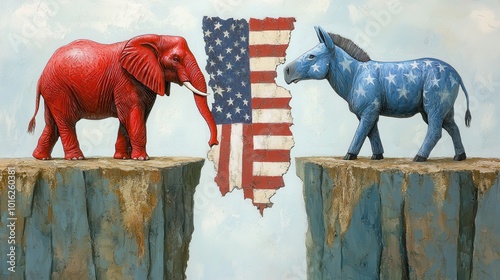 Red Elephant and Blue Donkey on Opposing Cliffs photo