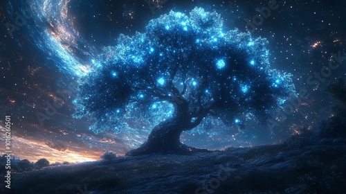 A delicate celestial tree with glowing leaves, each leaf displaying an enigmatic symbol, growing in a surreal landscape under a swirling sky of stars, Fantasy, Ethereal