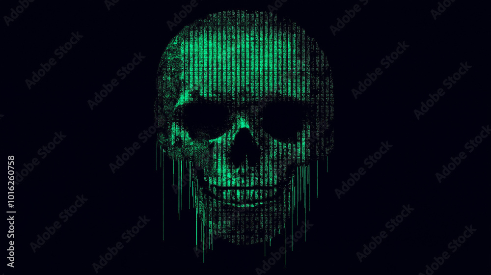 A digital skull comprised of green binary code against a dark backdrop, showcasing the fusion of technology and death A digital skull comprised of green binary code against a dark backdrop, showcasing the fusion of technology and death