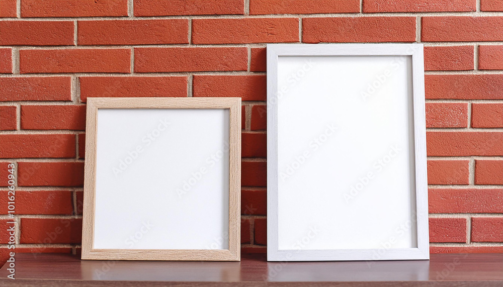 Two empty white picture frames with wooden frame leaning on brick wall. Blank poster. Mock-up.