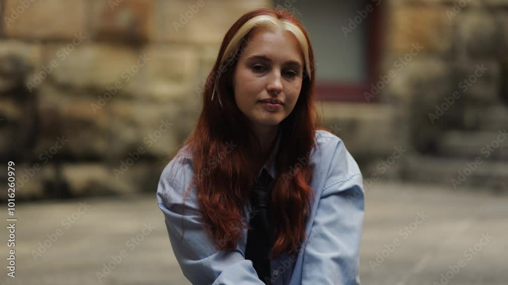 Portrait of a beautiful girl who sits on the stairs and waits, looks with her face and eyes at the camera, thoughts, calm, change, reflections, beautiful face, red hair, student life