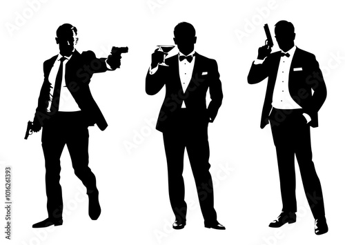 Silhouettes of elegant men in suits and with a bow tie with a gun in their hand on a white background. Bond themed illustration of a shooting man