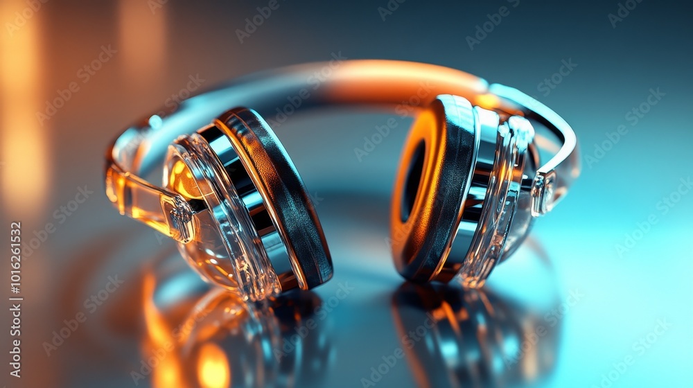 © BajimBa - Modern transparent headphones on a reflective surface under vibrant blue and orange lighting © BajimBa - Modern transparent headphones on a reflective surface under vibrant blue and orange lighting