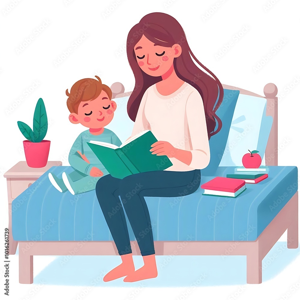A mother sitting on the bed, reading a bedtime story to her child in flat design style. Cozy family moment, perfect for parenting and childhood-related content. White background. A mother sitting on the bed, reading a bedtime story to her child in flat design style. Cozy family moment, perfect for parenting and childhood-related content. White background.