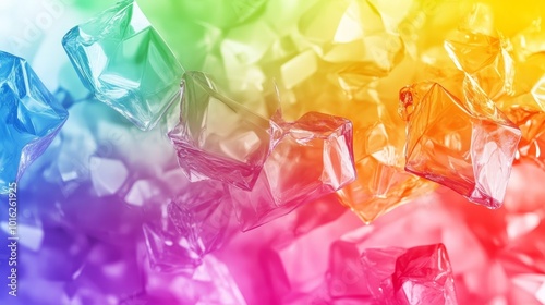 Colorful ice cubes floating in a vibrant spectrum of blue, green, yellow, and red hues against a dreamy background