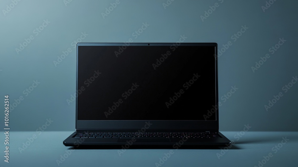 A sleek black laptop with a blank screen sits on a minimalist desk against a soft gray background in low light A sleek black laptop with a blank screen sits on a minimalist desk against a soft gray background in low light