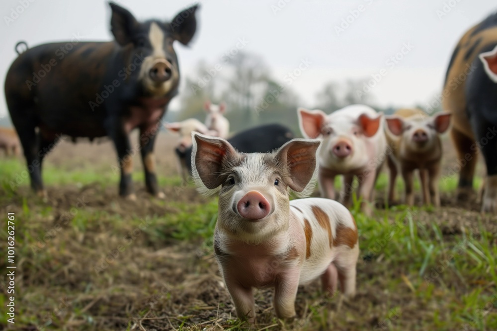 Group of six pigs forage in lush green field. Black and white pig stands upright, brown and white pig lies down, white and brown pig walks. Domestic animals roam in rural countryside.
