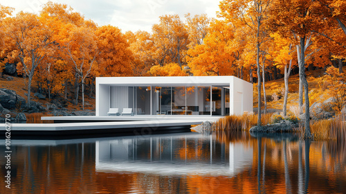 A stunning architectural vision featuring a modern house by a lake, surrounded by vibrant autumn foliage, harmonizing with the natural beauty of its surroundings. photo