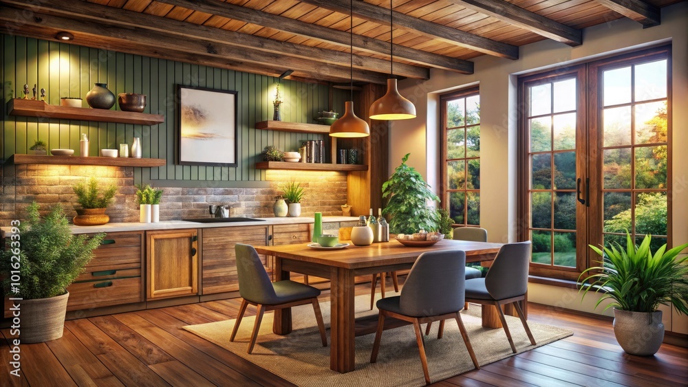 Aesthetic Dark Wooden Frame Mockup Poster in Cozy Dining Kitchen Interior with Beautiful Lighting Aesthetic Dark Wooden Frame Mockup Poster in Cozy Dining Kitchen Interior with Beautiful Lighting