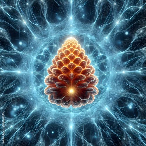 Pineal Gland in Neural Network | The image depicts a highly detailed, glowing pinecone-shaped pineal gland at the center of a radiant neural network. photo