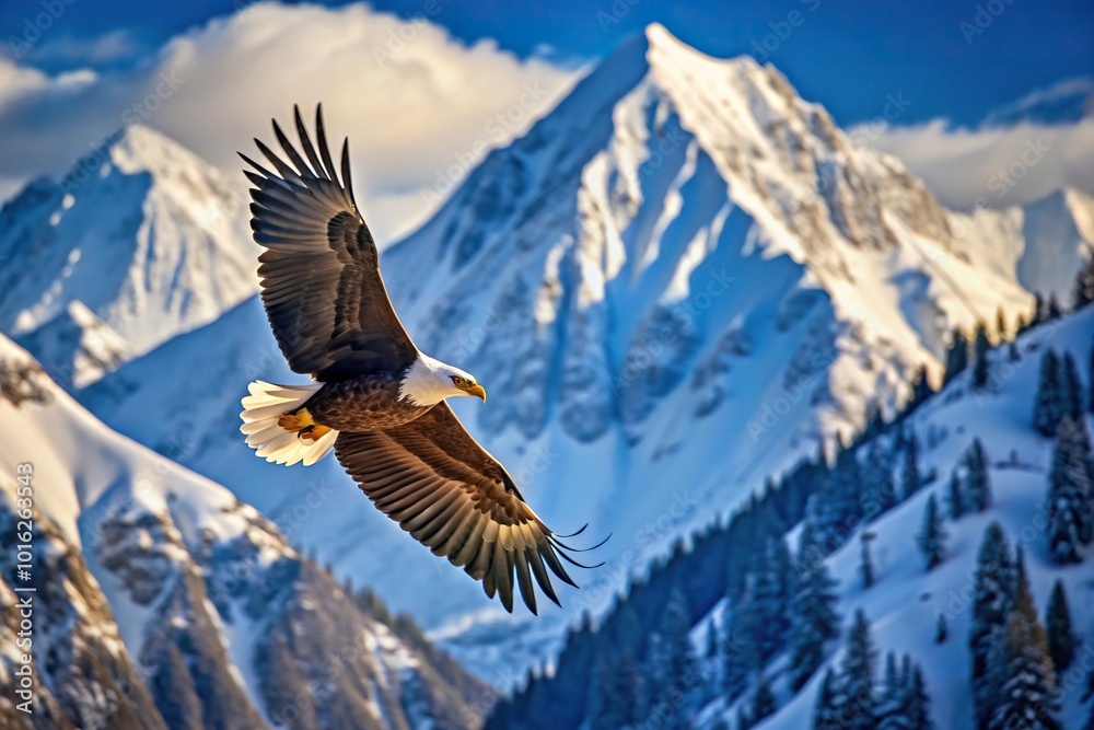 Fototapeta premium majestic bald eagle flying in front of snowy mountain